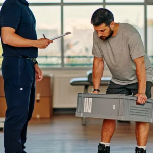 Physical therapist observing a job candidate perform a lift test during post-offer employment screening
