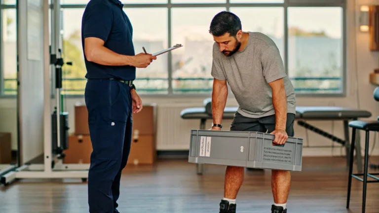 Physical therapist observing a job candidate perform a lift test during post-offer employment screening
