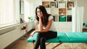 Woman with lingering concussion symptoms sitting in a physical therapy clinic in Lakeland, FL