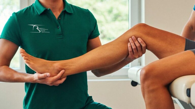 Physical therapist in a Therapeutic Rehab Specialists polo assessing a patient's knee during an evaluation